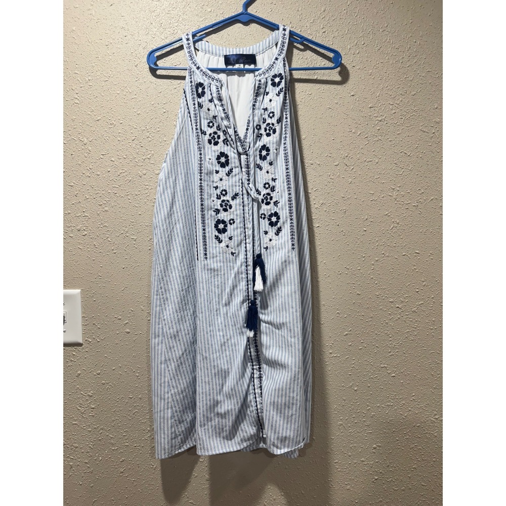 Blue Rain Striped Floral Embroidered Halter Dress Blue White Tassel Size Medium